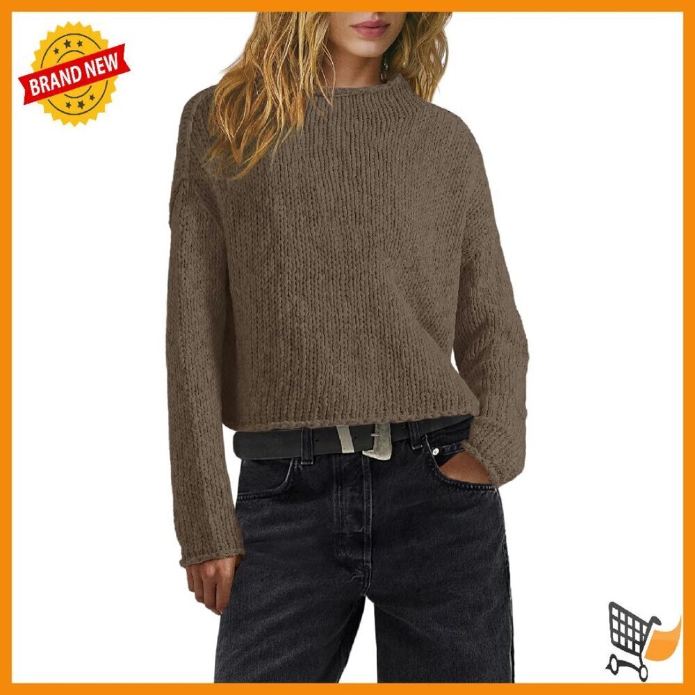Oversized Mock Neck Cropped Sweater Chunky Knit Pullover Fall